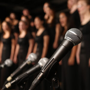 Youth choir singing behind microphones